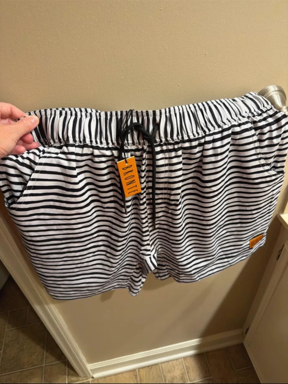 Men's Black & White Striped Swim Athletic Shorts